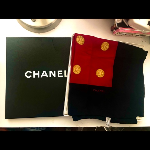 CHANEL DESIGNER SILK SCARF RED GOLD BLACK - Picture 1 of 2